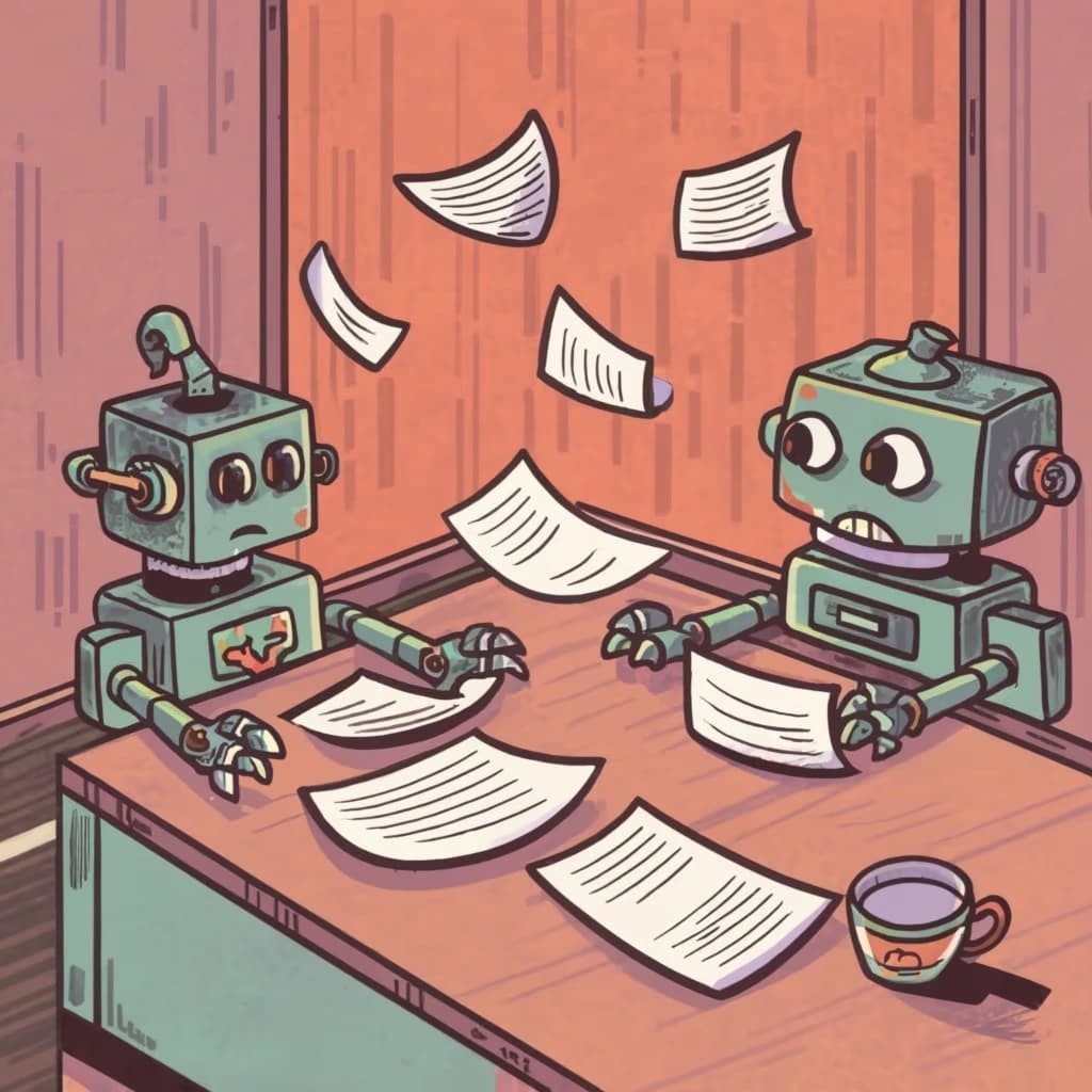 An illustrative drawing of cartoon robots studying.