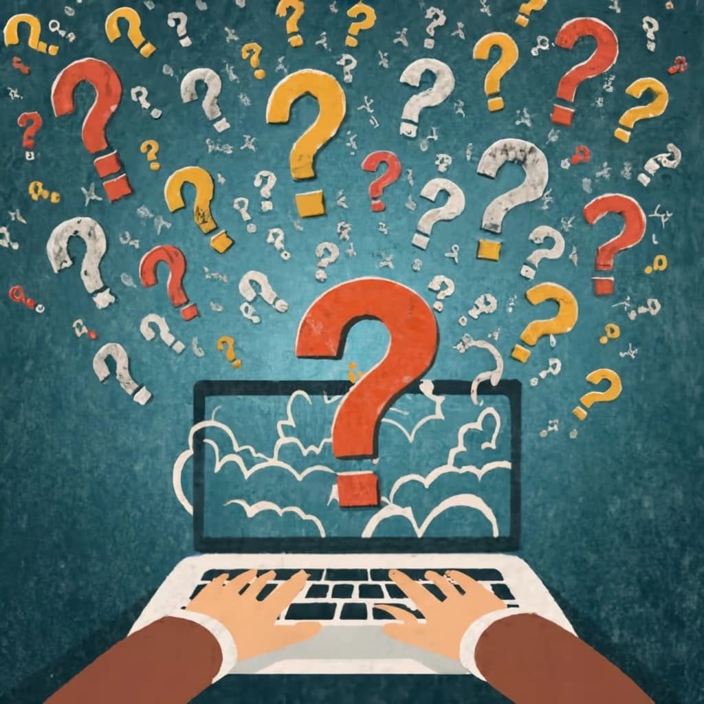 Question marks flying out of a laptop.